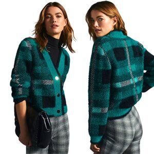 English Factory Plaid Cardigan Sweater, Teal Green & Black M – Thick, Soft, Cozy